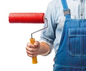 Home renovation tools for painting walls with paint roller on a transparent background, cut out