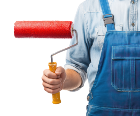 Home renovation tools for painting walls with paint roller on a transparent background, cut out