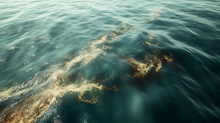 An oil slick spreading across the surface of the ocean, with dying marine life