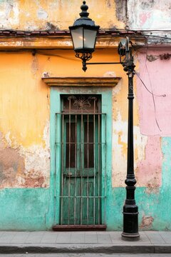 Colorful Facade with Door and Lamp Post Antigua Guatemala Vertical View Travel Photography
