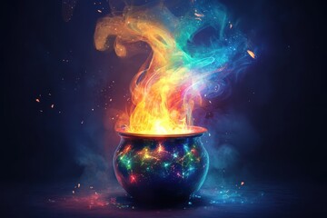 Bright colored magical flames burst from a cauldron against a dark background in a mystical setting, the bright colored flame of a magic fire or the ignition of a poisonous fuel