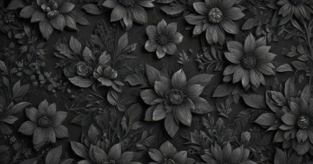 Obraz premium Intricate charcoal floral pattern, abstract botanical design, dark grey, monochrome, elegant