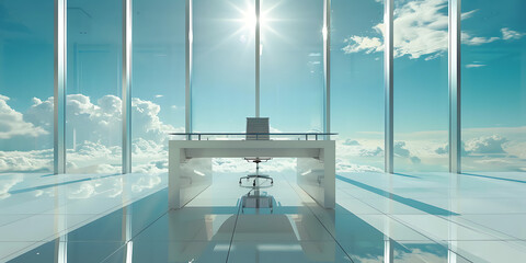 Obraz premium Sleek Serenity: A Sunlit Modern Office with Glass Walls and Sky Views