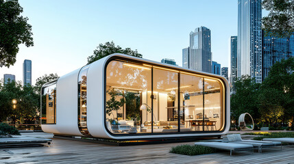 Modern modular smart home with large glass windows, surrounded by greenery and urban architecture, exuding sense of innovation and comfort