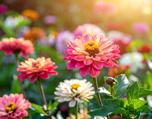 Obraz premium blooming flowers in garden showcase beautiful array of colors, with pink and white petals glistening in sunlight, creating cheerful and serene atmosphere
