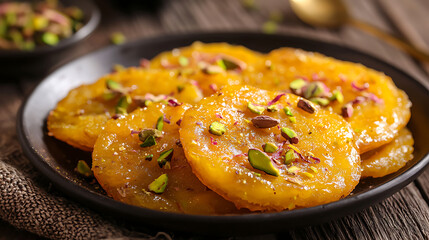 A plate of yellow pastries with nuts on top