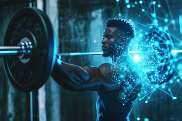 Data processing highlights athletic strength during weightlifting session at gym in the evening, blue light and data processing over african american man lifting barbell