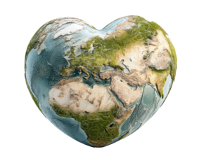 Heart-shaped globe symbolizing global love and unity for Earth on a transparent background, cut out
