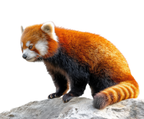 Red panda sitting on rock in wildlife habitat on a transparent background, cut out