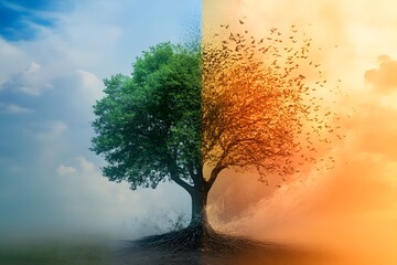 A split-screened visual representation of a tree depicting seasons of change and nature's life cycle transitions