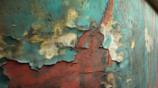 Peeling paint reveals aged, textured surface in red, teal, and beige hues