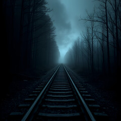 Fototapeta premium A deserted railway line vanishes into a mysterious, foggy forest, as seen in a haunting, atmospheric picture characterized by subdued colors and ominous lighting