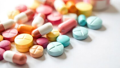 Close-up of assorted pills and capsules on a white background , illness, apothecary, pills