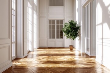 Elegant Interior with Parquet Flooring and Natural Light Streaming Through Windows; Bright Hallway with Potted Plant; Architectural Design; Interior Photography; Home Decor; Real Estate
