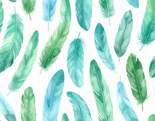 Beautiful watercolor feathers various shades of teal and green create serene and artistic pattern, perfect for nature inspired designs. delicate details and soft colors evoke calming atmosphere