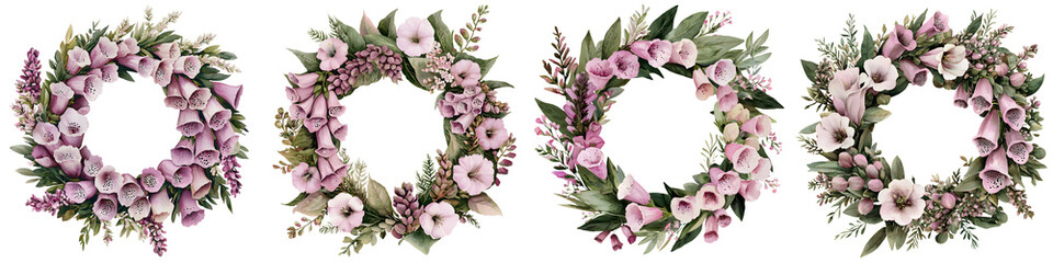 Elegant floral wreaths featuring soft pink blooms and lush greenery, ideal for invitations, designs, and seasonal decorations, showcasing intricate details and vibrant colors.