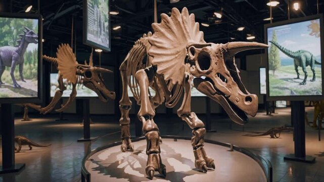A dinosaur skeleton displayed in a modern museum. Surrounding screens show digital reconstructions of the dinosaur in its natural habitat. The exhibit is well-lit and spacious.