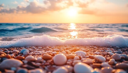 Obraz premium Golden sunset over a pebble beach with foamy waves.