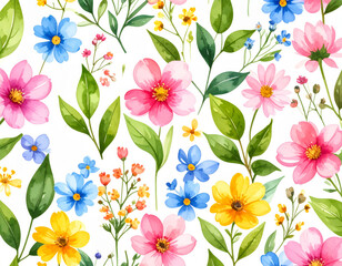 Bright and colorful floral pattern featuring various flowers and green leaves, perfect for spring themed designs and decorations. vibrant colors evoke cheerful and lively atmosphere