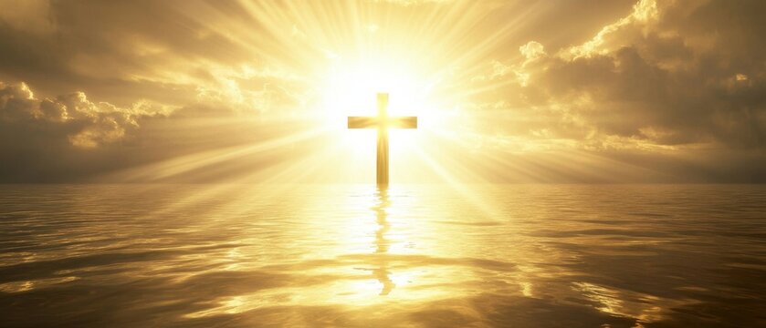 Christian Cross Shining Brightly Over Calm Water at Sunset with Golden Light Rays and Clouds Symbolizing Faith and Hope