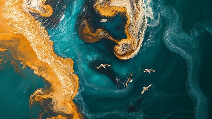 An oil spill on the ocean's surface with birds and marine life struggling to survive 