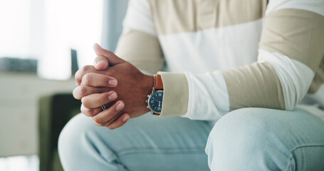 Hands, waiting or man with mistake, anxiety or stress for debt crisis, unemployment or burnout in...