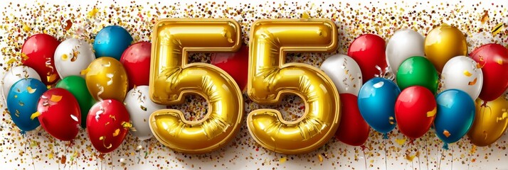 Golden Number 55 Balloons With Festive Colorful Balloons And Confetti For 55th Birthday Celebration