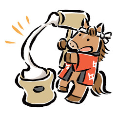 お正月に餅つきをする干支の馬（午）