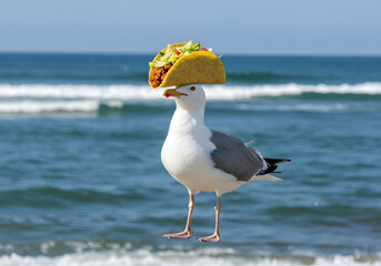 Seagull wearing taco funny beach scene