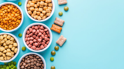 Pet food products in various colors and shapes are arranged in bowls on blue background, creating vibrant and appealing display