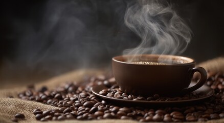 Fototapeta premium Hot coffee cup steaming over coffee beans.
