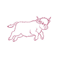 Walking Baby Highland Cow – Fluffy Farm Animal Illustration in Hand-Drawn Style

