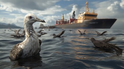 An oil spill on the ocean's surface with birds and marine life struggling to survive 
