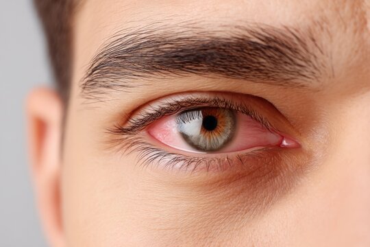 Close-up of a man's red, irritated eye, showing signs of inflammation or infection.