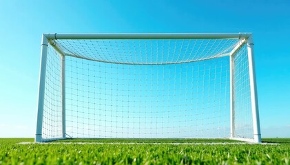 Empty soccer goal net against a bright blue sky , markings, soccer goal