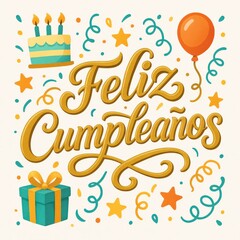 feliz cumplea&ntilde;os, Birthday graphic with cake balloon and gift