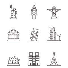 Famous Landmarks Icon Set – 9 World Monuments in Line Style