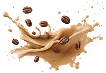 Fototapeta premium Coffee drink splash with coffee beans in mid-air.