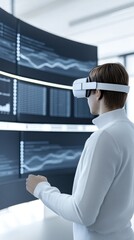 Person Using Virtual Reality Headset in Modern Data Analysis Environment