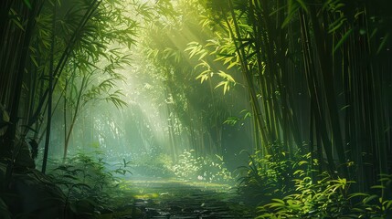 Sunlight streaming through a dense bamboo forest illuminating a lush green pathway ahead of the viewer