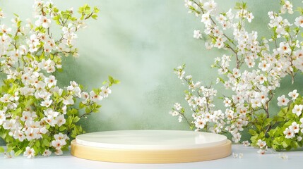 Nature-themed 3D mockup with blossoms and greenery around a minimalist product display stage