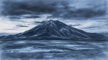 Monochromatic depiction of a dramatic mountain landscape.