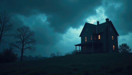 Haunted house silhouette against stormy sky, ominous clouds , silhouette, texture