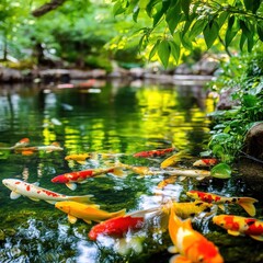 Colorful Koi Fish Swimming in Tranquil Garden Pond with Greenery