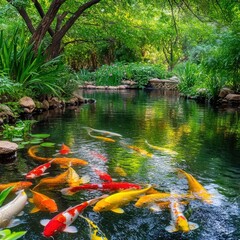Vibrant Koi Fish Swimming in Tranquil Garden Pond with Greenery
