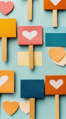 Colorful Signs with Hearts on a Blue Background for Celebrations