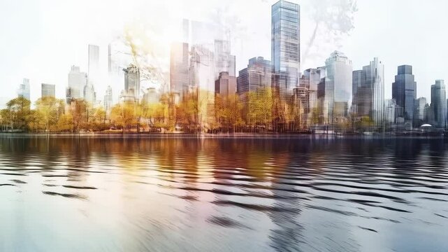 City skyline reflected in calm waters with soft autumn foliage, serene urban scene with skyscrapers and a peaceful waterfront, dreamy and diffused.