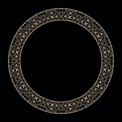 Oriental vector gold round pattern with arabesques and floral elements. Traditional classic ornament. Round ornamental frame, Luxury frame, Arabic, Andalusian, Oriental, Arabesque styles. Plate frame