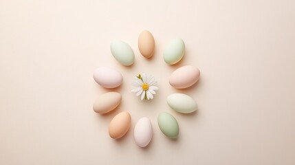 Colorful Easter Eggs and Daisy Flower on Soft Beige Background