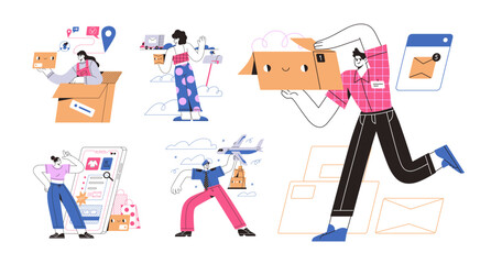 Online shopping concept. Set of buying and delivery of orders. Storage worker picking parcels and sends it, courier delivers boxes to customers. Flat isolated outline vector illustrations on white